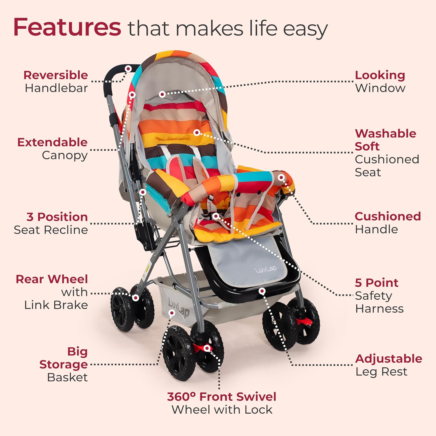 LuvLap Sunshine Baby Stroller/Pram for 0 to 3 Years, New Born/Toddler/Kid, 5 Point Safety Harness, Adjustable backrest, 360° Swivel Wheel, Large Storage Basket, Reversible Handlebar (Stripes)

