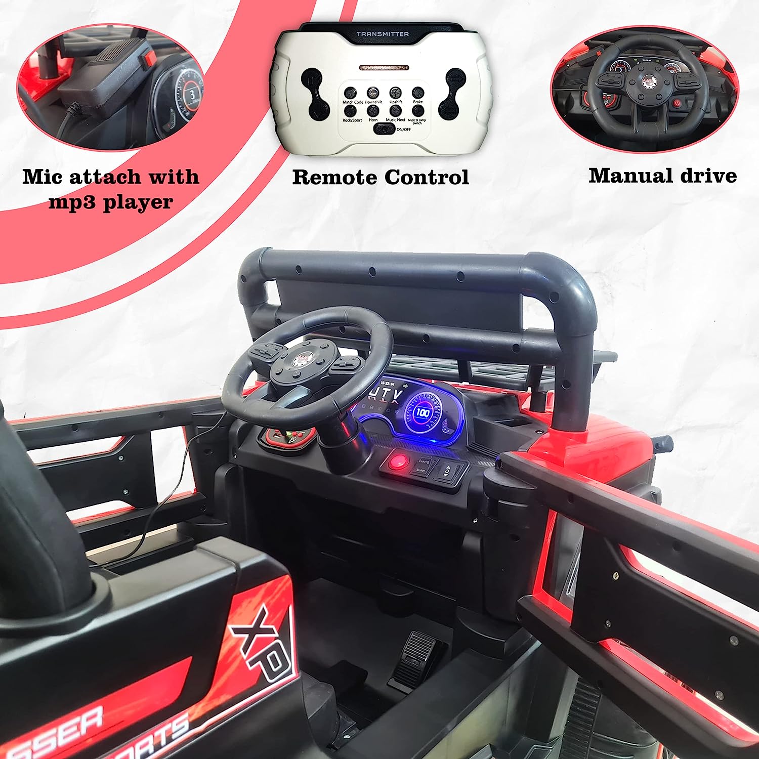 4X4 Big Wheeler Electric Rechargeable Jeep for Kids of Age 2 to 8 Years- Battery Operated Car Jeep with Mic, M3 Player, Led Lights, Suspension and Bluetooth Remote (Red) - MRGTOYS
