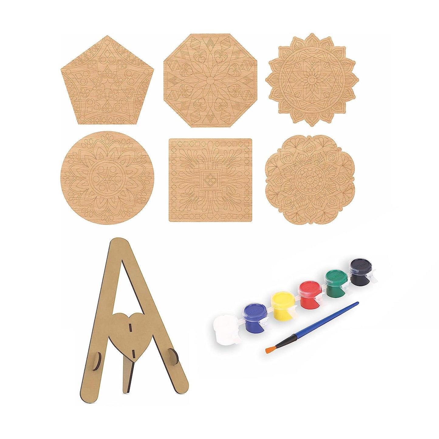 RATNA'S Wooden Mandala Art The Coloring Kit with 6 Design MDF Frame & Water Color for Kids