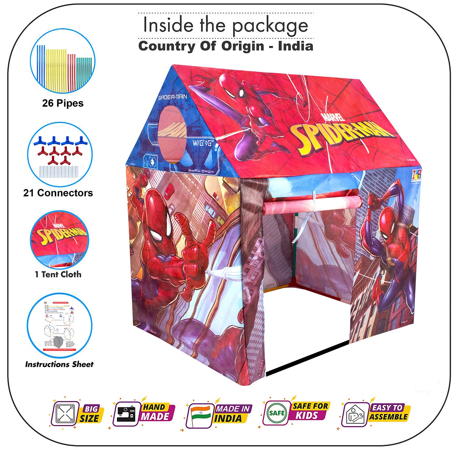 itoys Marvel Spiderman Theme Jumbo Size Light Weight Water Resistant Sweet Home Pretend Play House Tent for Kids Girls and Boys - MRGTOYS