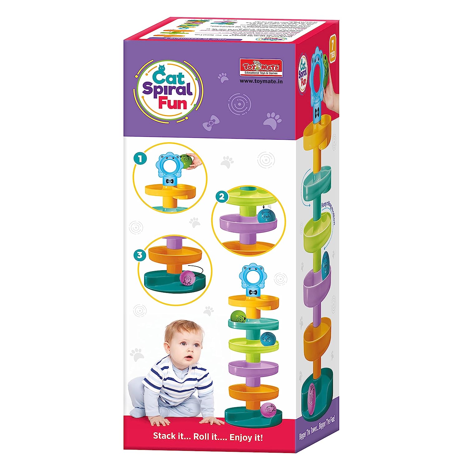 Toymate Cat Spiral Fun - A Roll Ball Toy with 7 Layer Ball Drop Tower Run with Roll Swirling Ramps for Baby and Toddler Educational Development Toy Set