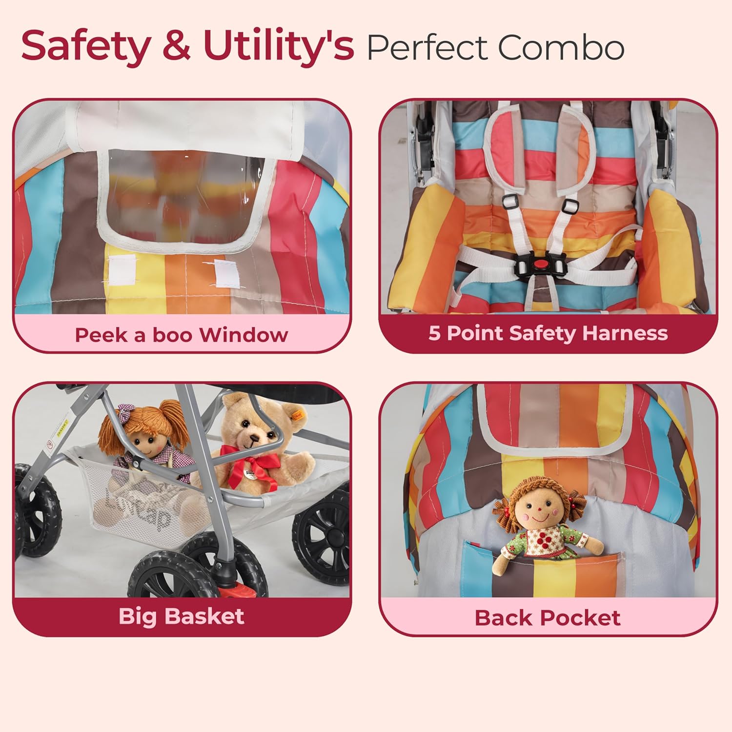 LuvLap Sunshine Baby Stroller/Pram for 0 to 3 Years, New Born/Toddler/Kid, 5 Point Safety Harness, Adjustable backrest, 360° Swivel Wheel, Large Storage Basket, Reversible Handlebar (Stripes)
