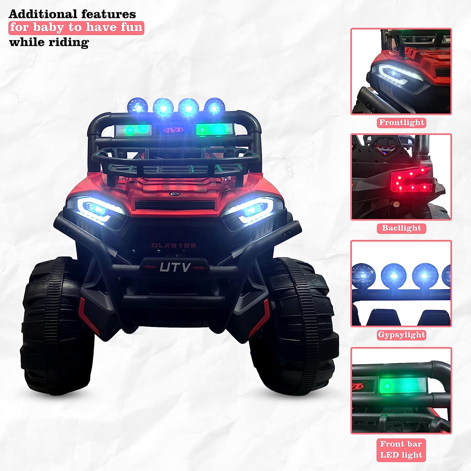 4X4 Big Wheeler Electric Rechargeable Jeep for Kids of Age 2 to 8 Years- Battery Operated Car Jeep with Mic, M3 Player, Led Lights, Suspension and Bluetooth Remote (Red) - MRGTOYS