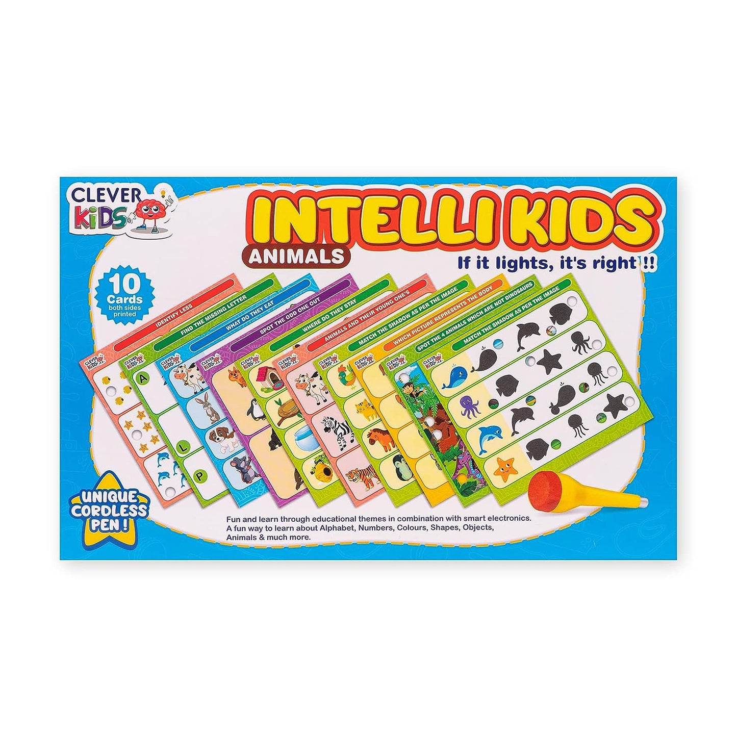 Ratna's Intellikids Animals A Perfect Electro Game. 10 Double Sided Printed Cards. If it Lights its Right. A Fun Way to Learn About Animals