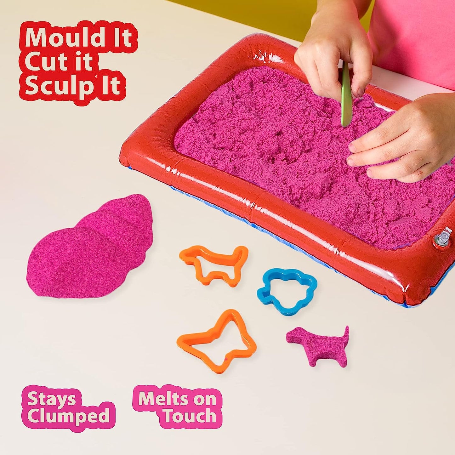 Ratna's Fantasy Sand Wonder 500 Grams with Inflatable Tray, 1 Big Mould, 6 Small Moulds & 1 Toy Plastic Knife, Smooth, Non Sticky Kinetic Active Sand Set for Kids to Play. (Pink)