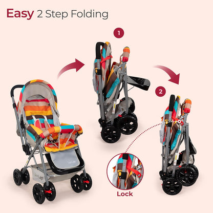 LuvLap Sunshine Baby Stroller/Pram for 0 to 3 Years, New Born/Toddler/Kid, 5 Point Safety Harness, Adjustable backrest, 360° Swivel Wheel, Large Storage Basket, Reversible Handlebar (Stripes)
