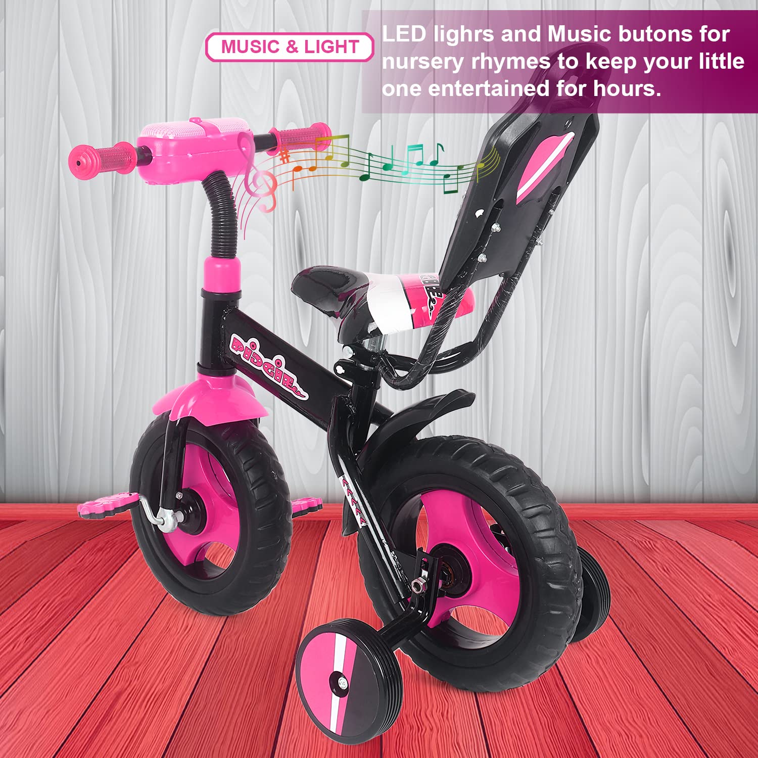 BABYCUTE Plug N Play Kids/Baby Tricycle for 12 Months to 48 Months, Cushion Seat and Seat Belt Boys, Girls, and Up to 30kg Carrying Capacity (Pink)PIDGI TRICYCLE - MRGTOYS