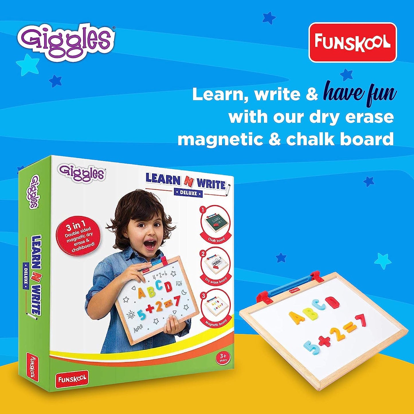 Giggles - Learn N Write Deluxe , 3 in 1 Magnetic Dry Erase & Chalkboard , Develops Early Writing Skills , 3 Years & Above , Preschool Toys