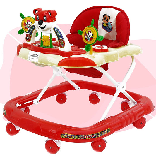Panda 007 Smart Musical Round Toddler Baby Walker with Comfy 3-in-1 Height Adjustable with Light and Musical Toy Bar and Ultra Soft Seat for Kids (6 Month + Age) (Kids Walker) (RED) - MRGTOYS