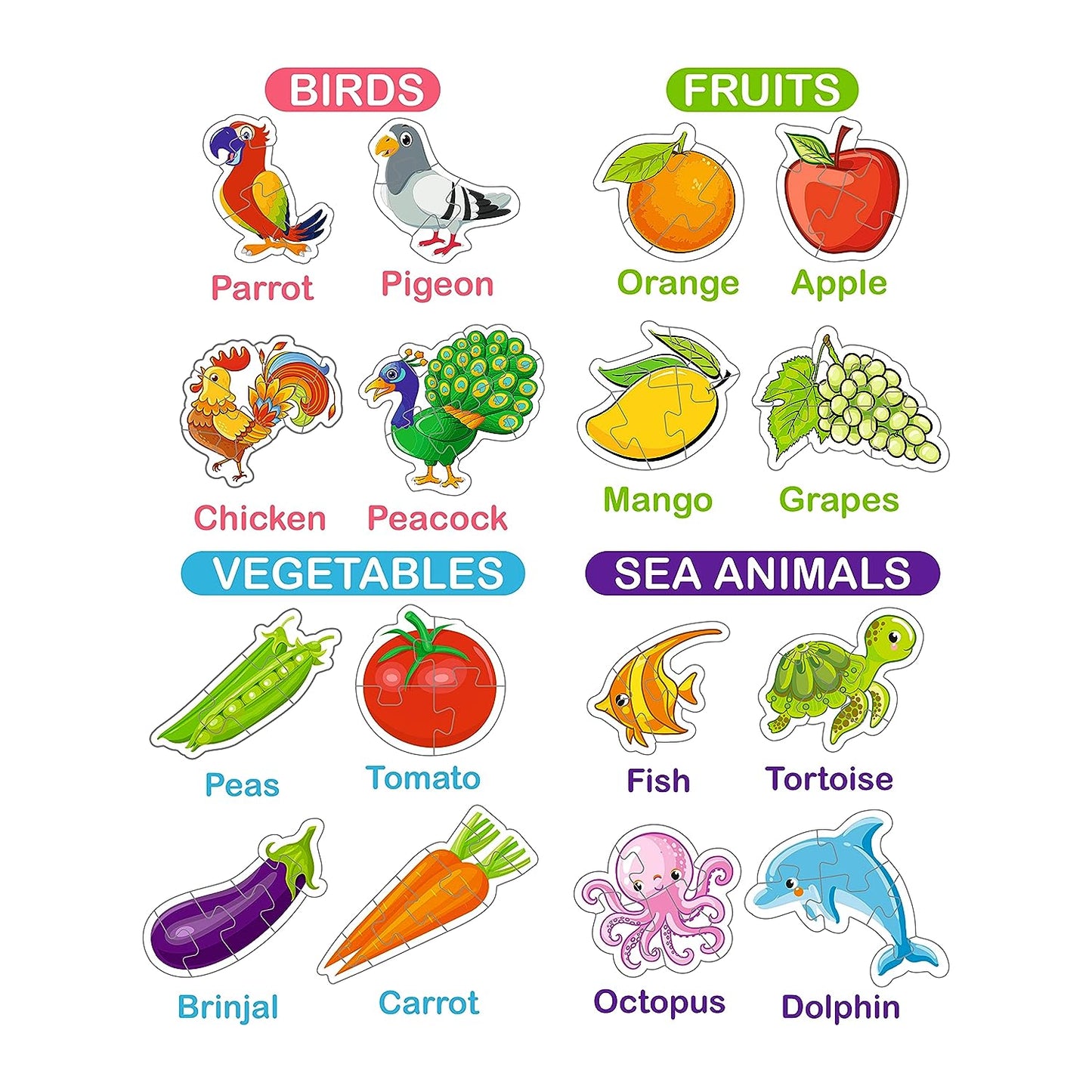 Ratna's Knowledge Bank Junior | 32 Different Jigsaw Puzzle Combo of Birds, Fruits, Flowers, Transports, Vegetables, Sea Animals, Wild Animals & Farm Animals for Kids 2+ Years