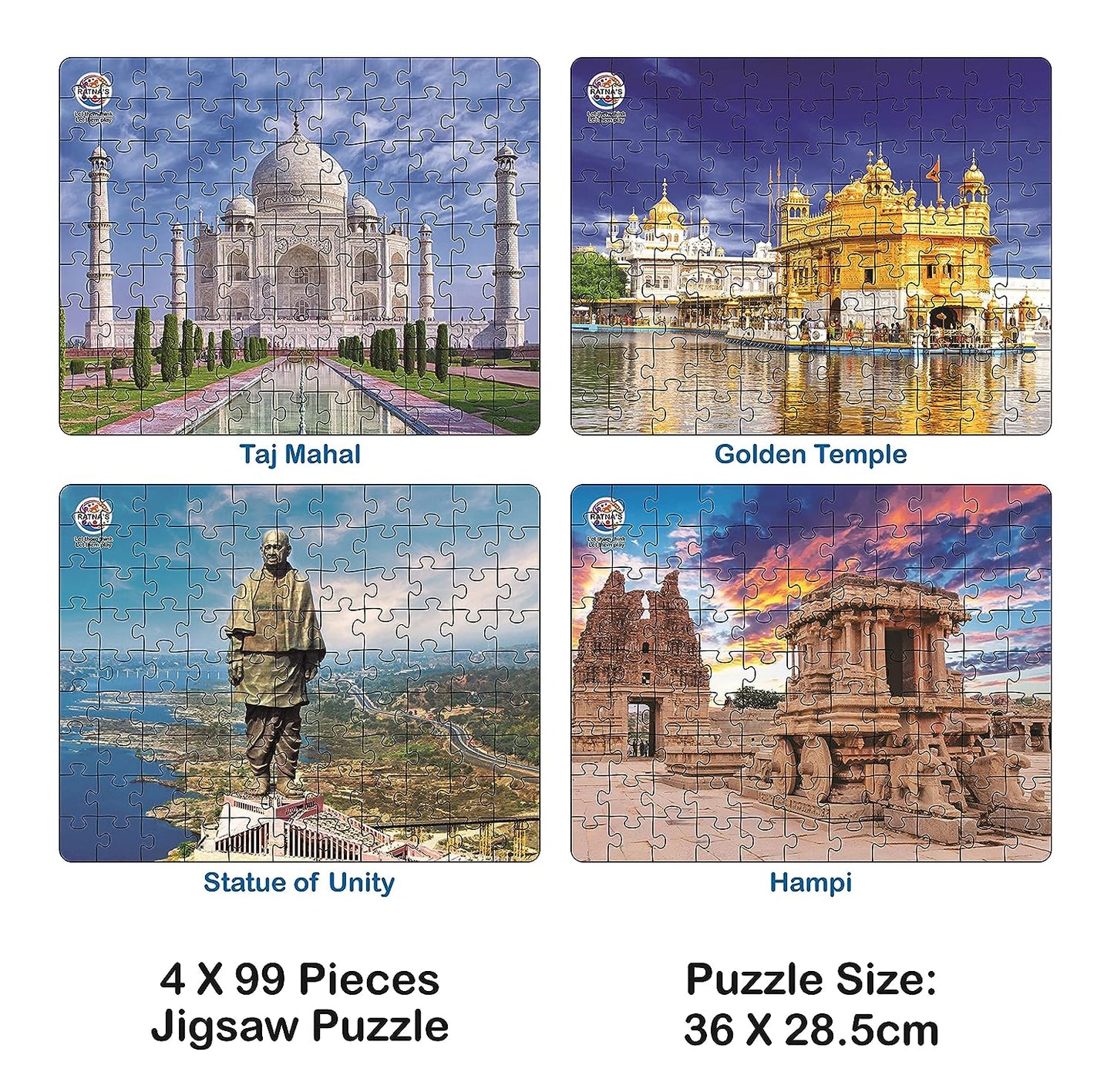 Ratna's 4 in 1 Wonders of India Jumbo Jigsaw Puzzle (4 x 99 Pieces) Size 36 x 28.5 cm for Each Puzzle Educational Toy for Kids 5+ Years