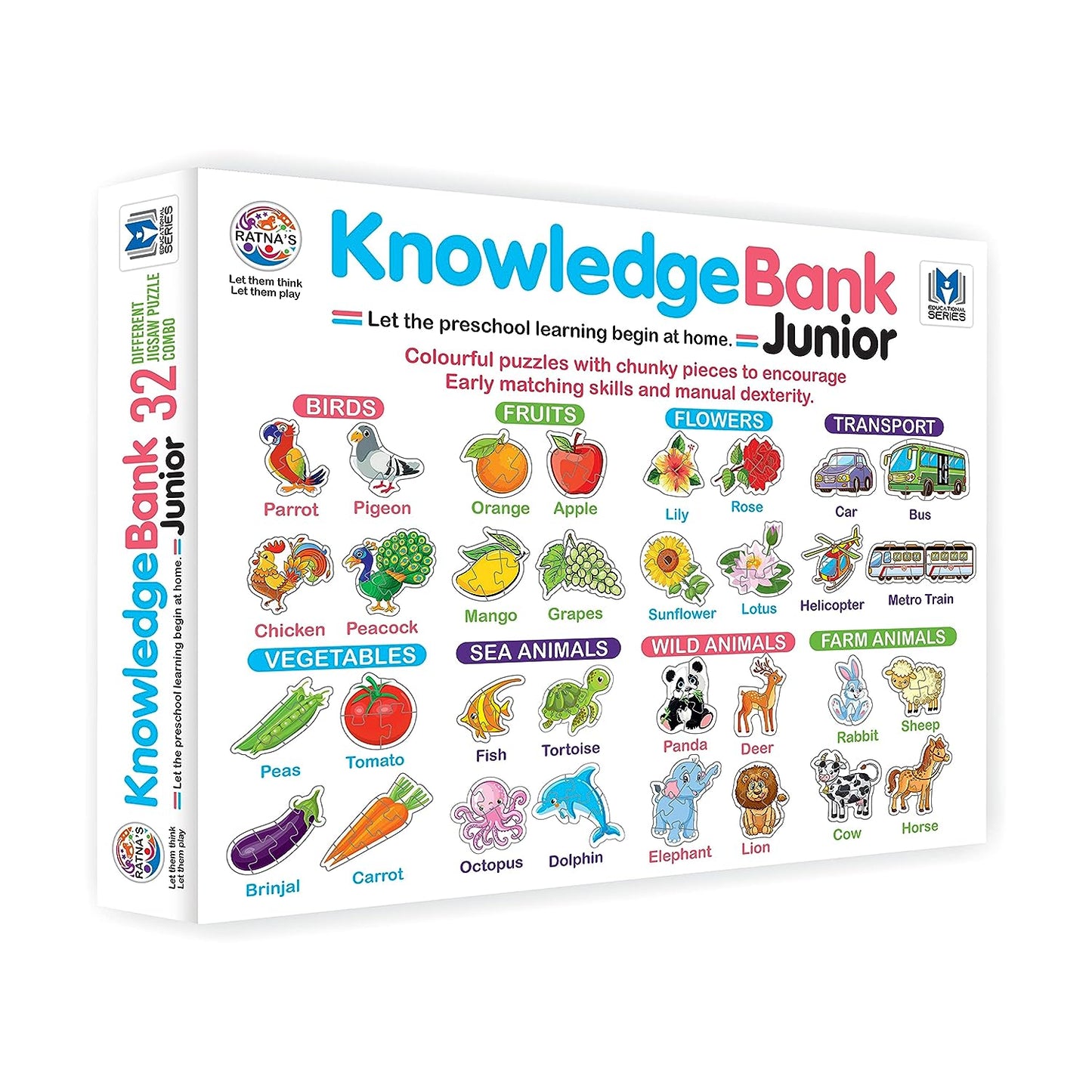 Ratna's Knowledge Bank Junior | 32 Different Jigsaw Puzzle Combo of Birds, Fruits, Flowers, Transports, Vegetables, Sea Animals, Wild Animals & Farm Animals for Kids 2+ Years