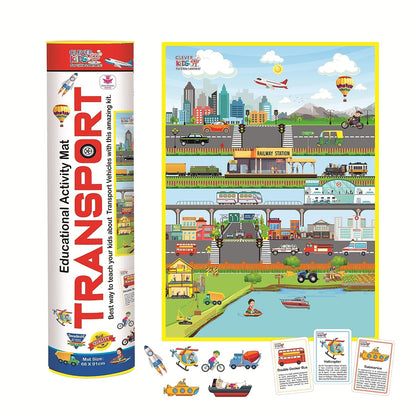 RATNA'S Clever Kids Educational Transport Activity mat (91 cms x 66 cms Jumbo mat) with 12 Both Sides Printed Flash Cards & 22 Transport Vehicle eva Cutouts with Velcro. - Multi Color