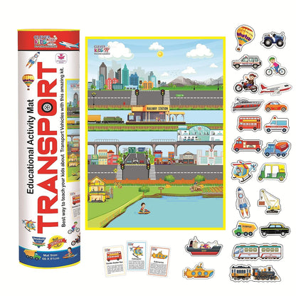 RATNA'S Clever Kids Educational Transport Activity mat (91 cms x 66 cms Jumbo mat) with 12 Both Sides Printed Flash Cards & 22 Transport Vehicle eva Cutouts with Velcro. - Multi Color