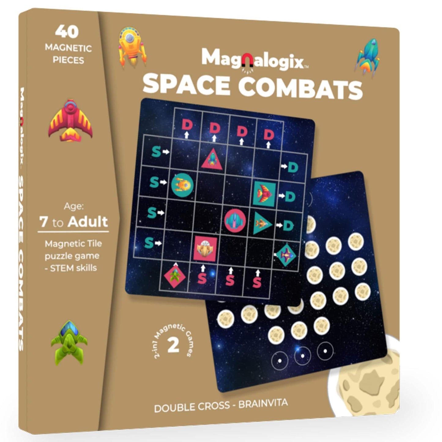 Space Combats - 2 in 1 Magnetic Logic Game for 7 Years to Adult (Double Cross & Brainvita)