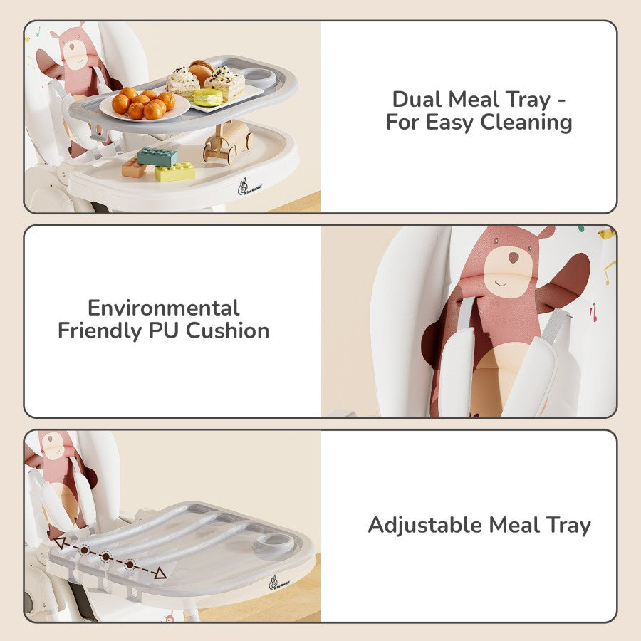 R for Rabbit Marshmallow Lite High Chair - 6 Level Height Adjustment, 3 Recline Modes, Adjustable & Removable Meal Tray GREY