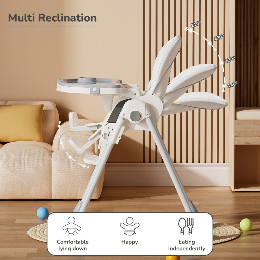 R for Rabbit Marshmallow Lite High Chair - 6 Level Height Adjustment, 3 Recline Modes, Adjustable & Removable Meal Tray GREY